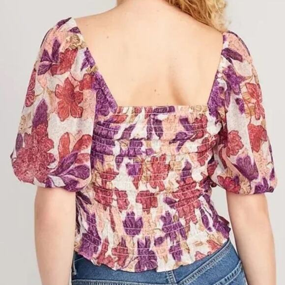 Old Navy Fitted Puff-Sleeve Smocked Top Autumn Leaves Size L - Picture 3 of 7